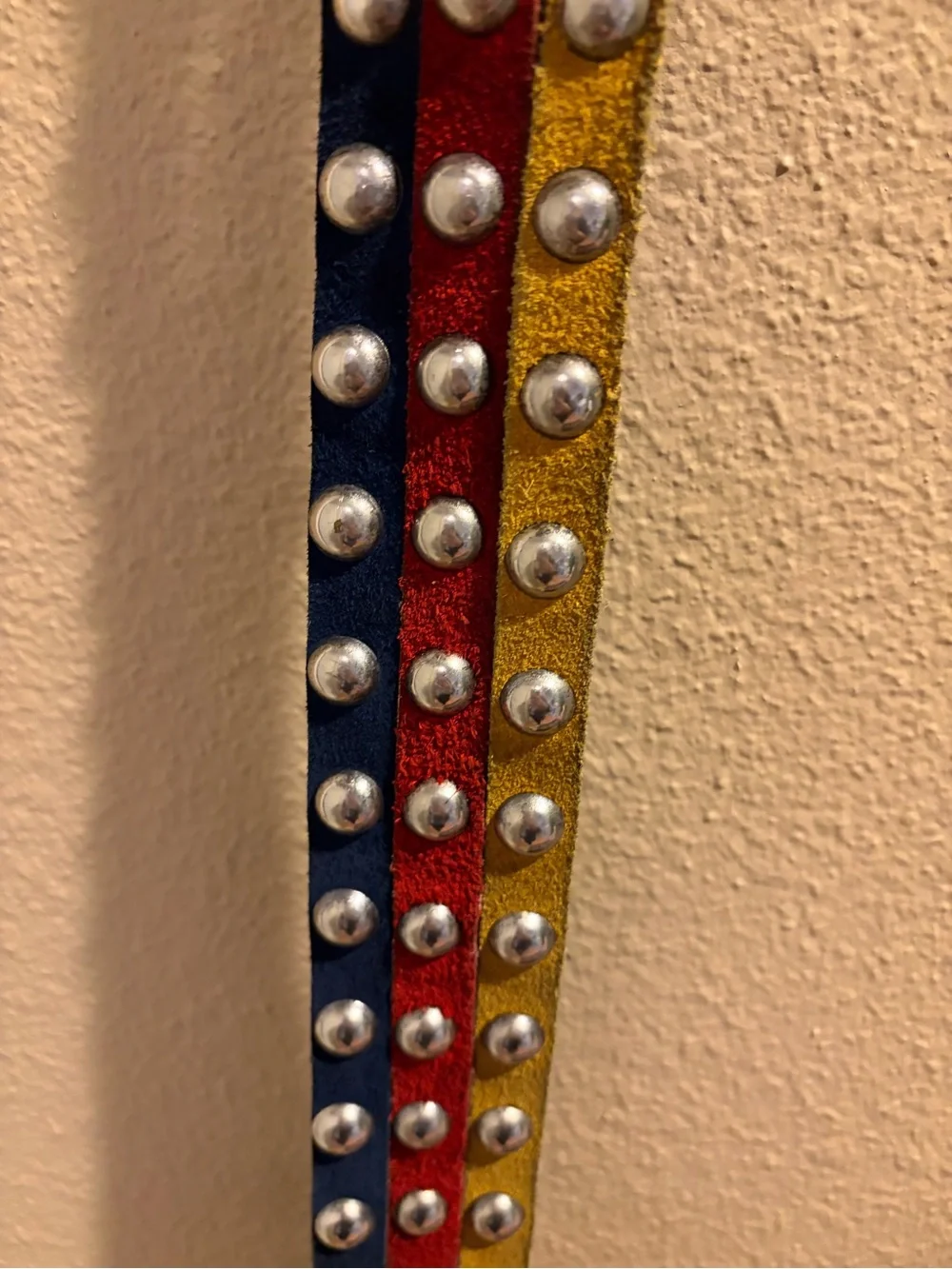 Vera Neumann Vintage 1980’s Leather Three Colors Navy Yellow Red Metal Stud Belt